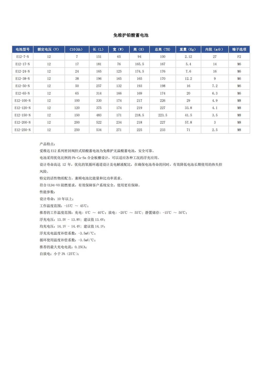 E系列铅酸蓄电池